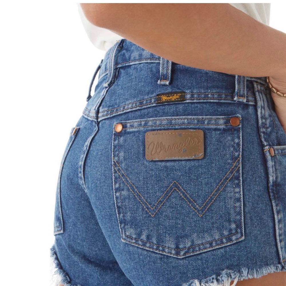 Wrangler Mid-Blue Denim Cutoff Shorts with Leather Patch